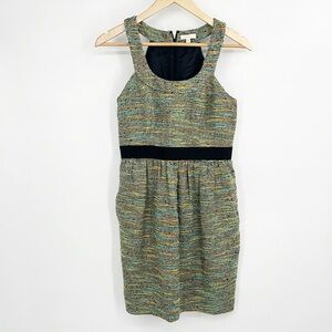 Shoshanna Silk Blend Metallic Sleeveless Pleated Tweed Dress Green Yellow Size 2
